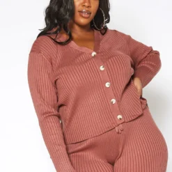 Asoph Plus Size Ribbed Knit Button Hem Long Sleeve Top