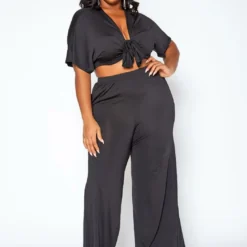 Asoph Plus Size Tie Front Crop Top & Flare Pants Set