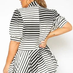 Asoph Plus Size Puff Shoulder Sleeve Striped Peplum Blouse -Radiant Drape Sales 2017082 172 2