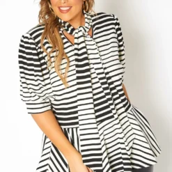 Asoph Plus Size Puff Shoulder Sleeve Striped Peplum Blouse