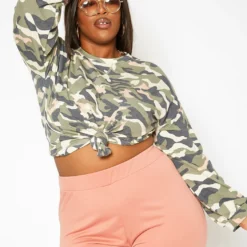 Asoph Plus Size Camo Print Crew Neck Sweater