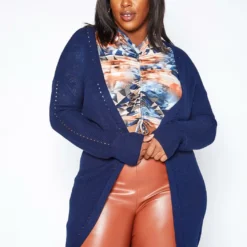 Asoph Plus Size Waffle Knit Open Front Long Cardigan