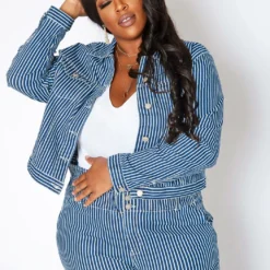 Asoph Plus Size Pin Striped Jean Jacket