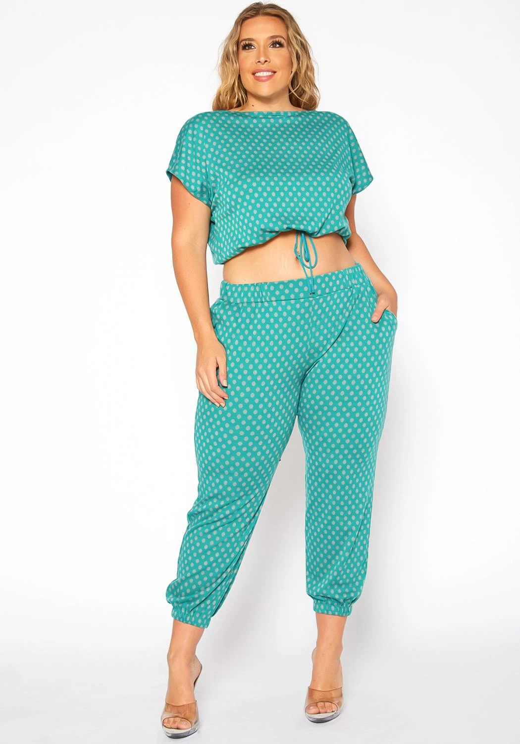 Asoph Plus Size Polka Dot Print Crop Top & Joggers Set 2 Asoph Plus Size Polka Dot Print Crop Top & Joggers Set - Image 2