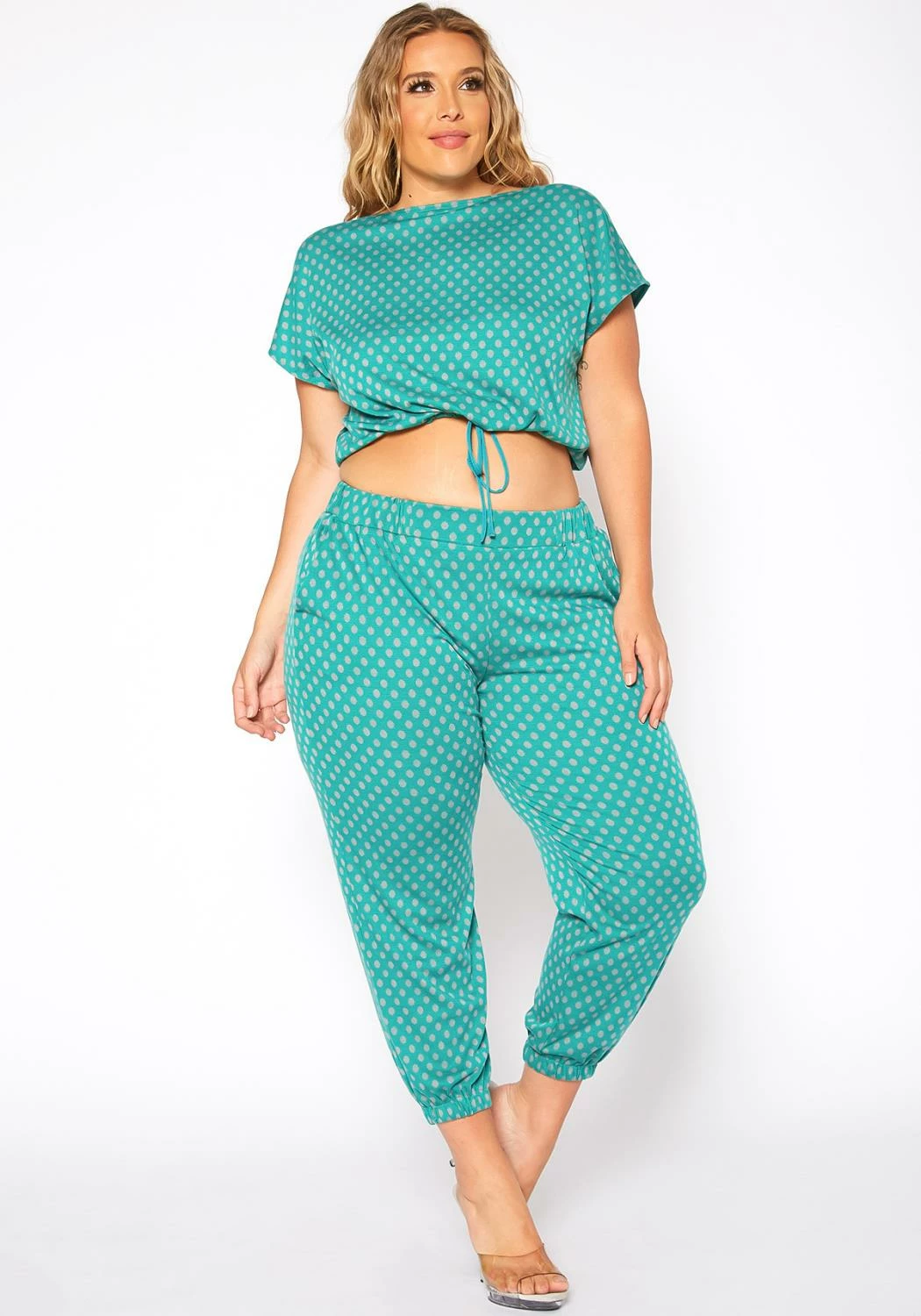Asoph Plus Size Polka Dot Print Crop Top & Joggers Set 1 Asoph Plus Size Polka Dot Print Crop Top & Joggers Set