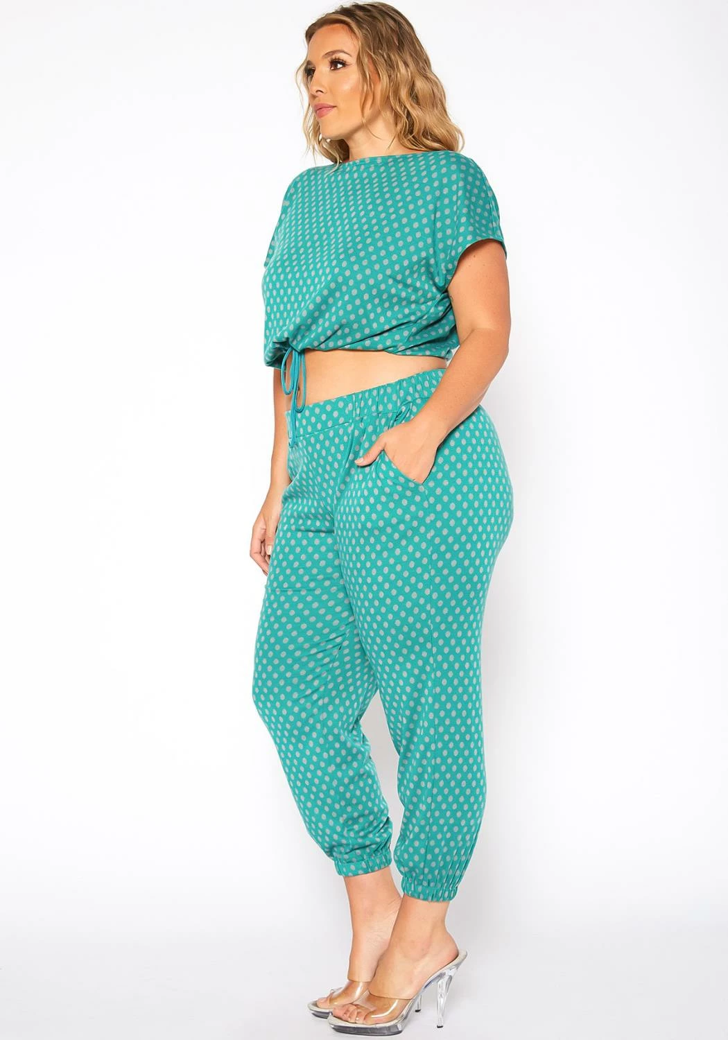 Asoph Plus Size Polka Dot Print Crop Top & Joggers Set 3 Asoph Plus Size Polka Dot Print Crop Top & Joggers Set - Image 3