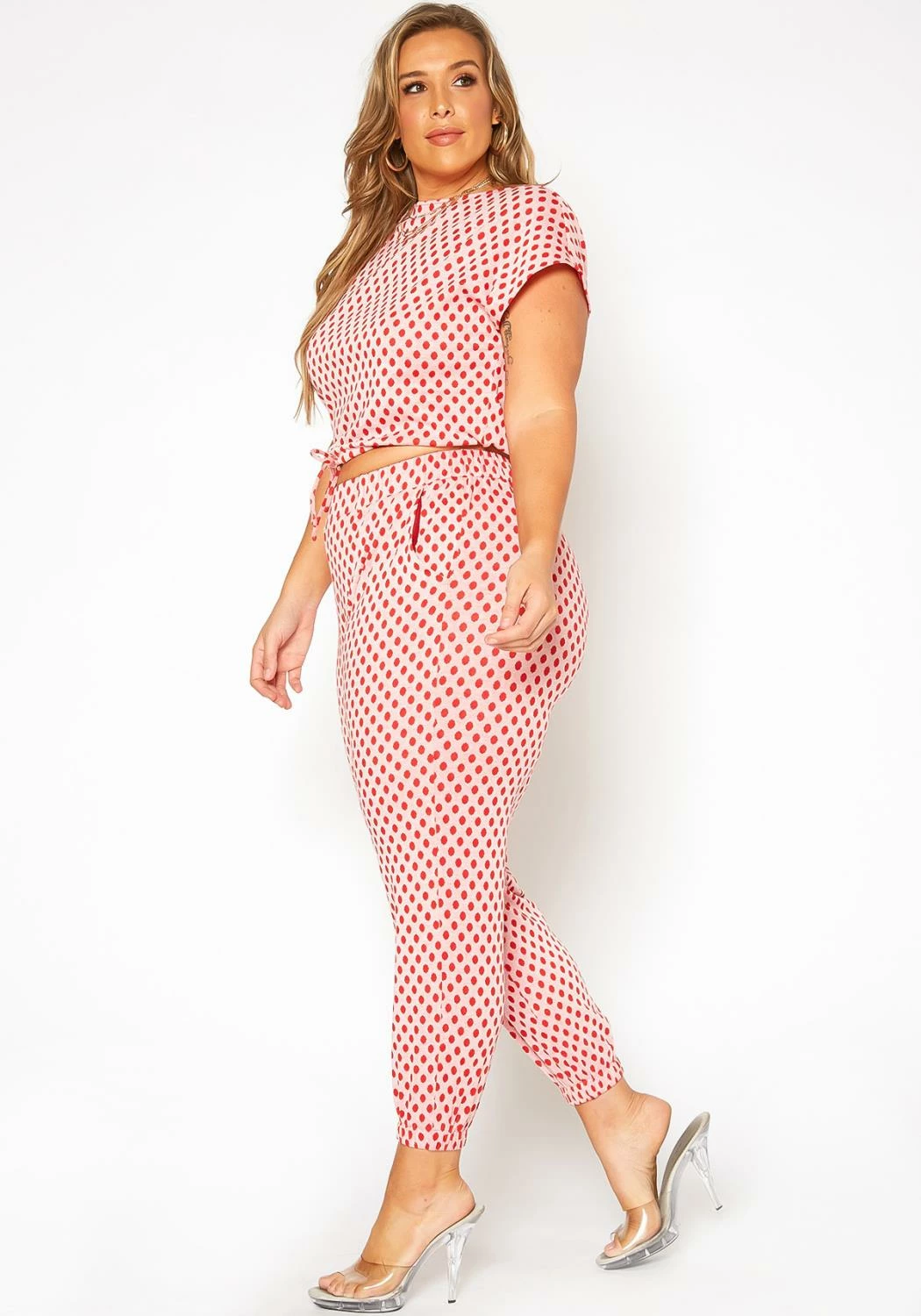 Asoph Plus Size Polka Dot Print Crop Top & Joggers Set 3 Asoph Plus Size Polka Dot Print Crop Top & Joggers Set - Image 3