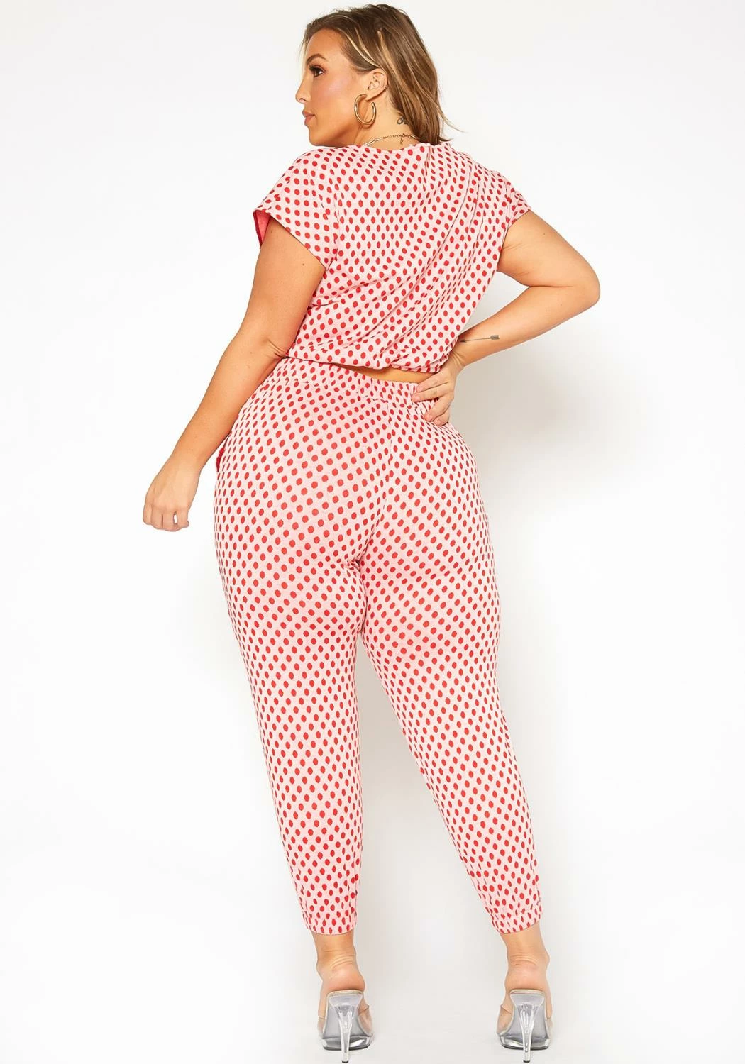 Asoph Plus Size Polka Dot Print Crop Top & Joggers Set 4 Asoph Plus Size Polka Dot Print Crop Top & Joggers Set - Image 4
