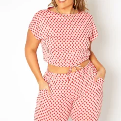 Asoph Plus Size Polka Dot Print Crop Top & Joggers Set