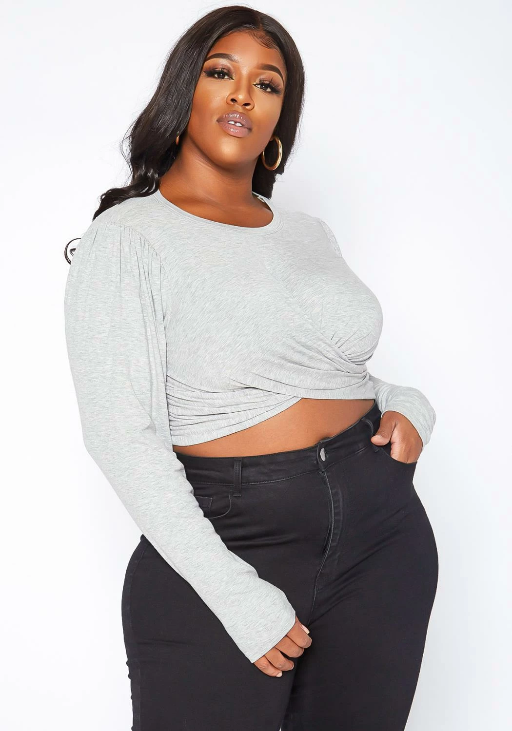 Asoph Plus Size Overlapping Twist Hem Long Sleeve Crop Top 2 Asoph Plus Size Overlapping Twist Hem Long Sleeve Crop Top - Image 2