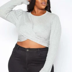 Asoph Plus Size Overlapping Twist Hem Long Sleeve Crop Top