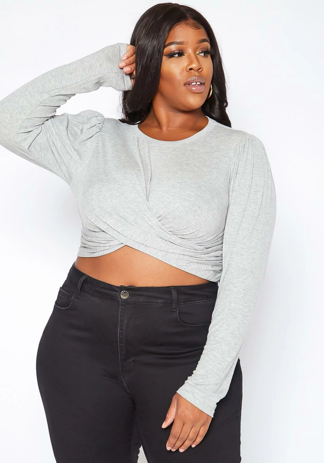 Asoph Plus Size Overlapping Twist Hem Long Sleeve Crop Top 1 Asoph Plus Size Overlapping Twist Hem Long Sleeve Crop Top