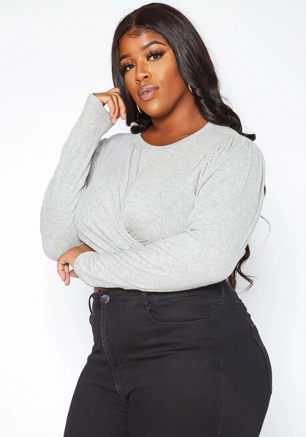 Asoph Plus Size Overlapping Twist Hem Long Sleeve Crop Top 3 Asoph Plus Size Overlapping Twist Hem Long Sleeve Crop Top - Image 3