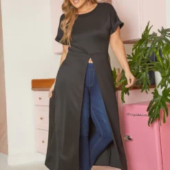 Asoph Plus Size Centered Split Hem Longline Top