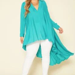 Plus Size Open Collar High To Low Chiffon Blouse