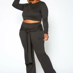 Asoph Plus Size Crop Sweater & Belted Flare Pants Set
