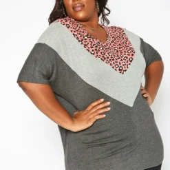 Asoph Plus Size Pink Leopard Chevron Splice Tee Shirt