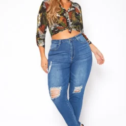 Asoph Plus Size Distressed Blue Wash High Waist Skinny Denim Jeans