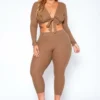 Asoph Plus Size Ribbed Knit Tie Front Crop Top & Legging Set
