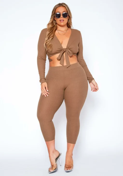 Asoph Plus Size Ribbed Knit Tie Front Crop Top & Legging Set -Radiant Drape Sales 2017468 190 0