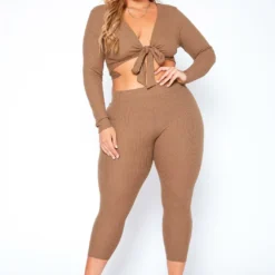 Asoph Plus Size Ribbed Knit Tie Front Crop Top & Legging Set -Radiant Drape Sales 2017468 190 1