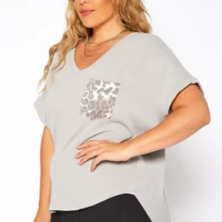 Asoph Plus Size Leopard Pocket Hem V Neck Shirt -Radiant Drape Sales 2017664 107 2