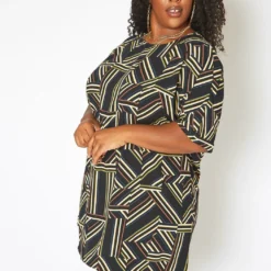 Asoph Plus Size Geometrical Striped Tee Shirt Mini Dress