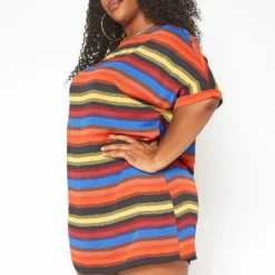Asoph Plus Size Multi Color Striped Tee Shirt Mini Dress -Radiant Drape Sales 2017674 128 2