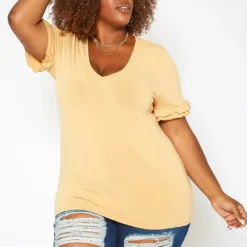 Asoph Plus Size Ruffle Trim V Neck Tee Shirt