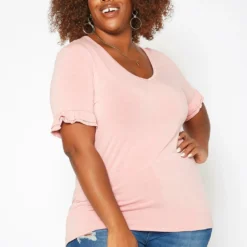 Asoph Plus Size Ruffle Trim V Neck Tee Shirt