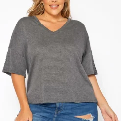 Asoph Plus Size Comfy Knit V Neck Tee Shirt
