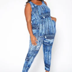 Asoph Plus Size Denim Print Bodycon Jumpsuit