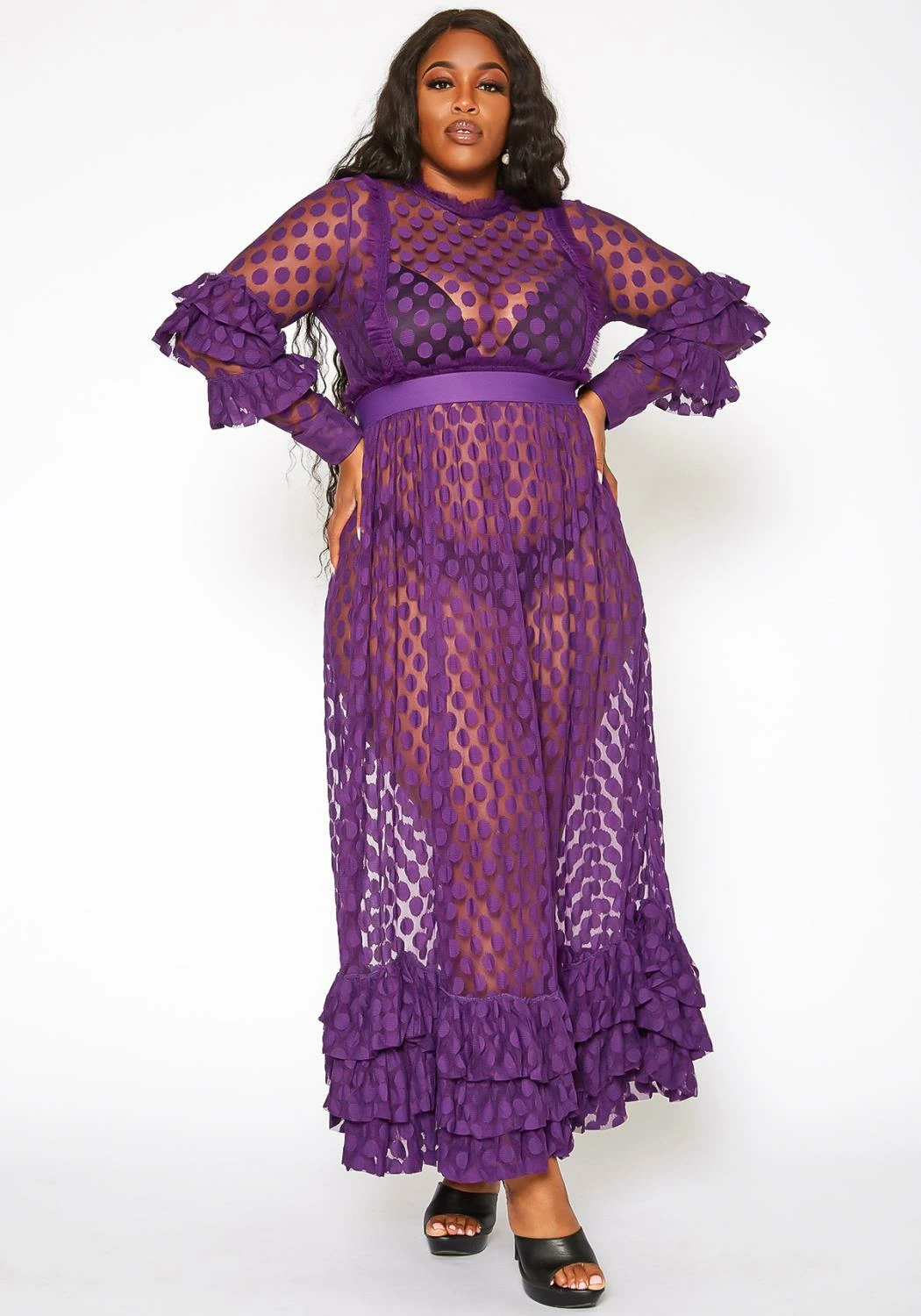 Asoph Plus Size Polka Dot Mesh Flare Maxi Dress 2 Asoph Plus Size Polka Dot Mesh Flare Maxi Dress - Image 2