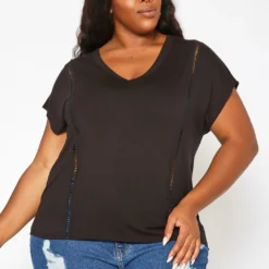 Asoph Plus Size Crochet Hem V Neck Shirt