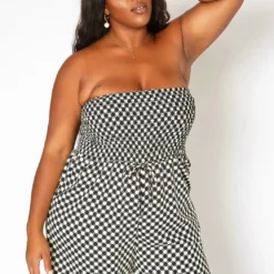 Asoph Plus Size Checker Dotted Print Tube Romper