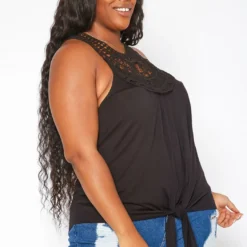 Asoph Plus Size Crochet Hem Tassel Front Tank Top