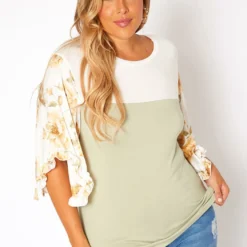 Asoph Plus Size Floral Sleeve Color Block Shirt