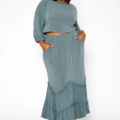 Asoph Plus Size Ruffle Trim Knit Maxi Skirt