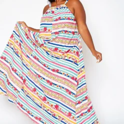 Asoph Plus Size Floral Striped Maxi Flare Dress