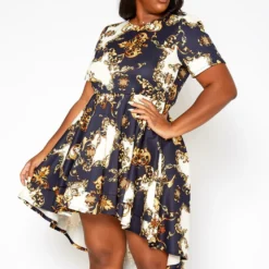 Asoph Plus Size Brocade Print High Low Flare Dress