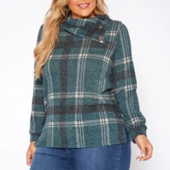 Plus Size Plaid Print Asymmetric Neck Sweater