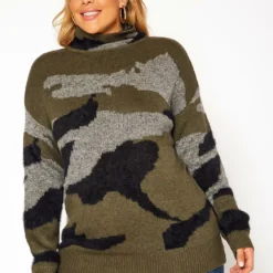 Asoph Plus Size Camo Print Funnel Neck Sweater