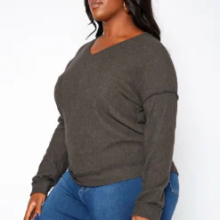Plus Size Waffle Knit V Neck Top -Radiant Drape Sales 2018410 108 2