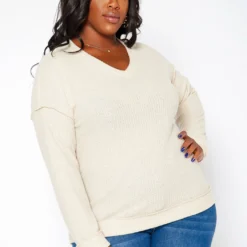 Plus Size Waffle Knit V Neck Top