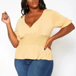Asoph Plus Size Smocked V Neck Top