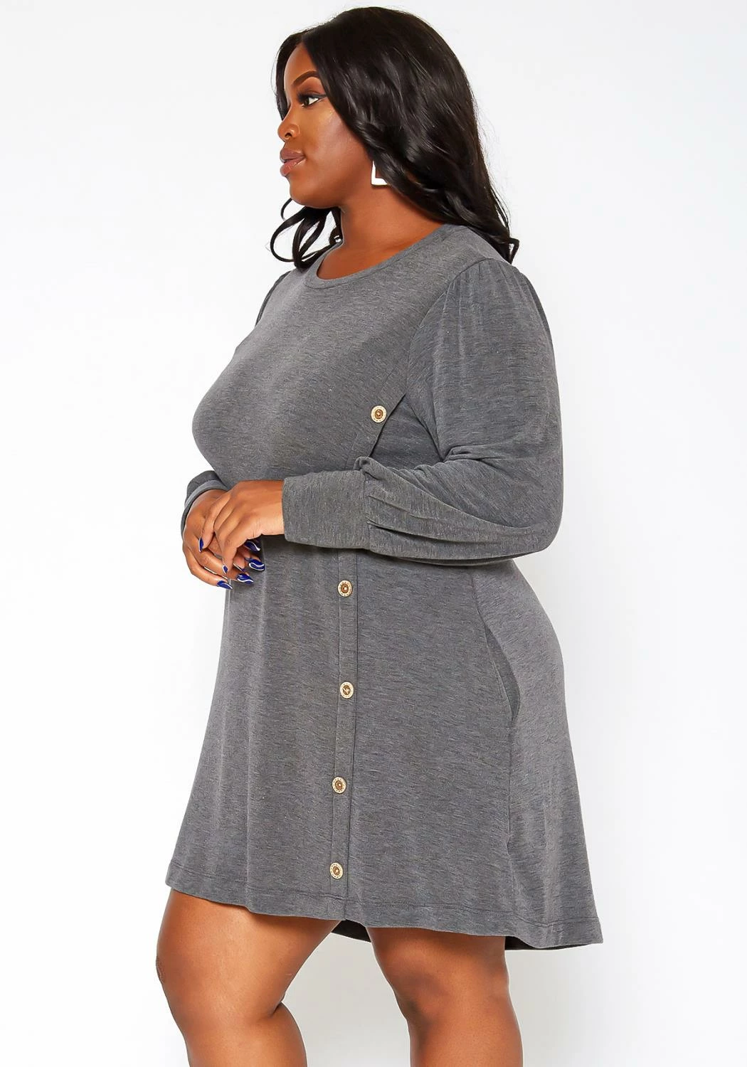 Asoph Plus Size Button Hem Flare Mini Dress 3 Asoph Plus Size Button Hem Flare Mini Dress - Image 3