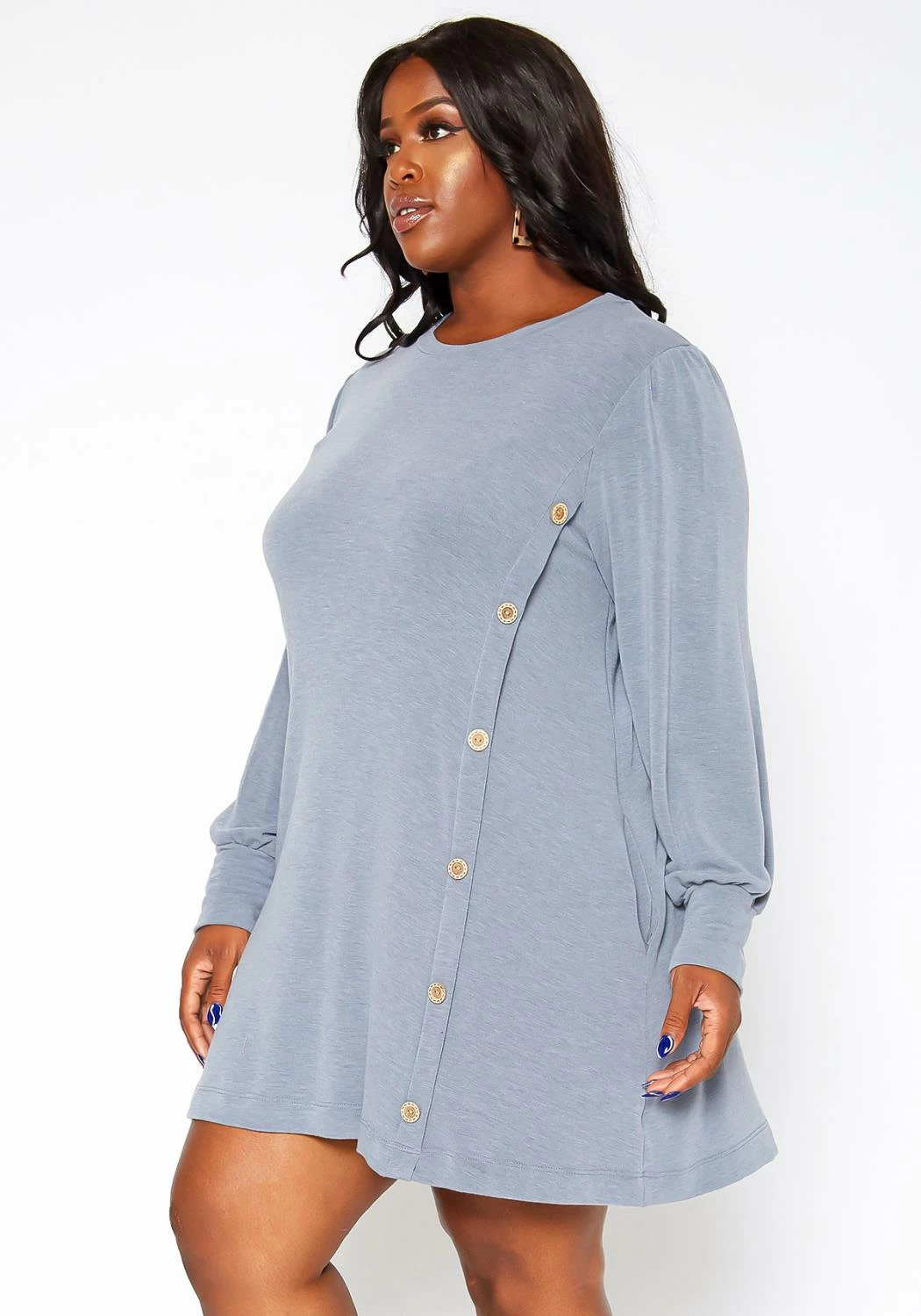 Asoph Plus Size Button Hem Flare Mini Dress 3 Asoph Plus Size Button Hem Flare Mini Dress - Image 3