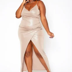 Asoph Plus Size Champagne Shimmer Split Hem Maxi Dress
