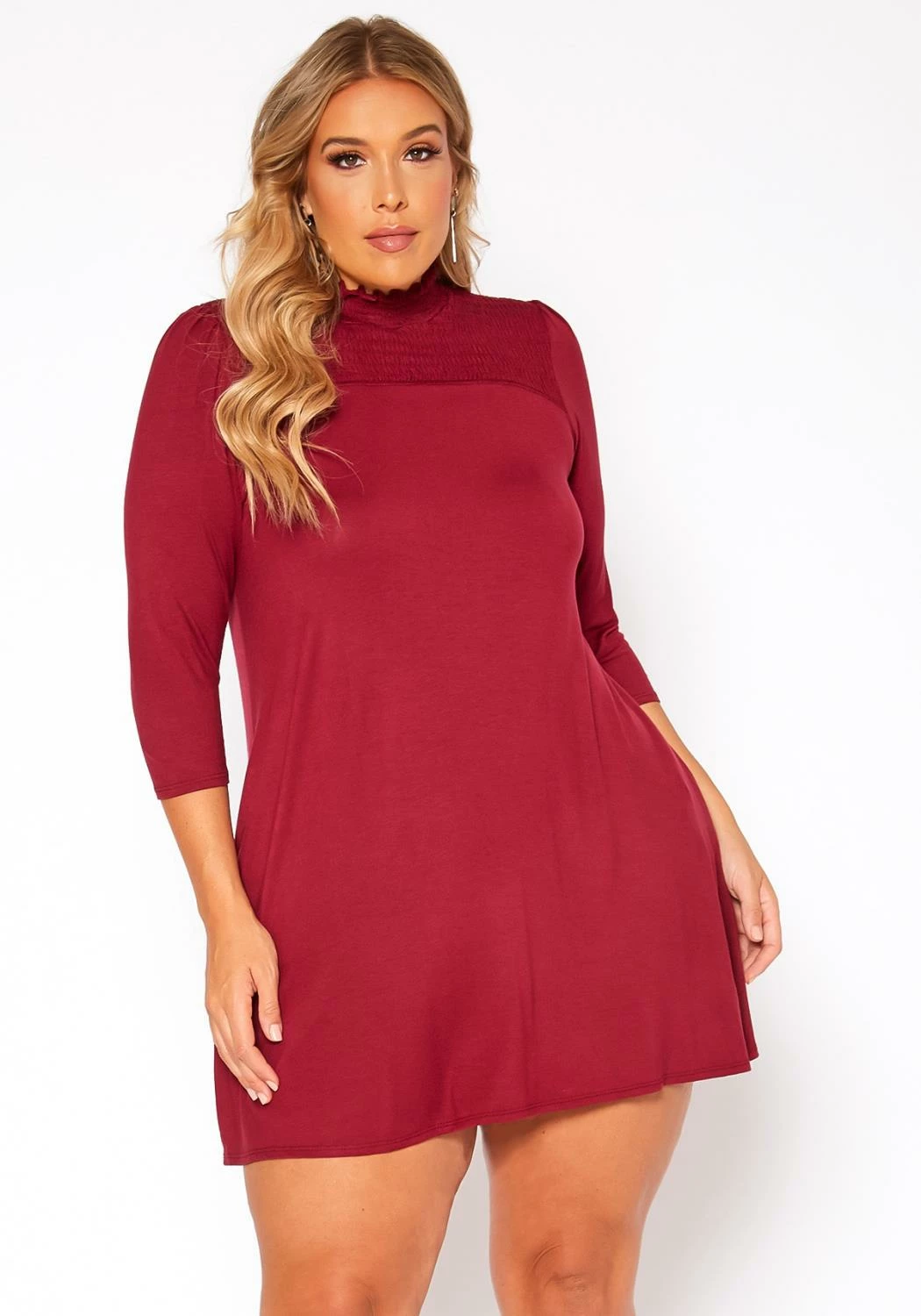 Asoph Plus Size Smocked Detail Mock Neck Mini Dress 2 Asoph Plus Size Smocked Detail Mock Neck Mini Dress - Image 2