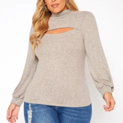 Plus Size Keyhole Front Mock Neck Knit Top